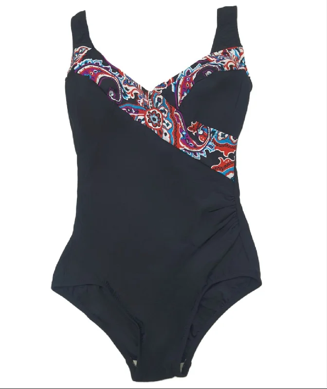 T.H.E. Women's Black Mock Surplice Paisley Park One Piece Swimsuit #997 10 NWT Sporty Swim Shorts T.H.E. Women's Black Mock Surplice Paisley Park One Piece Swimsuit #997 10 NWT Sporty Swim Shorts