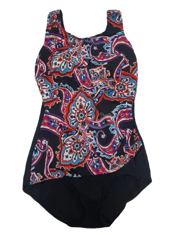 T.H.E. Women's Black Paisely Park Print Drape One Piece Swimsuit #1008 12 NWT Bold Swimsuit Design