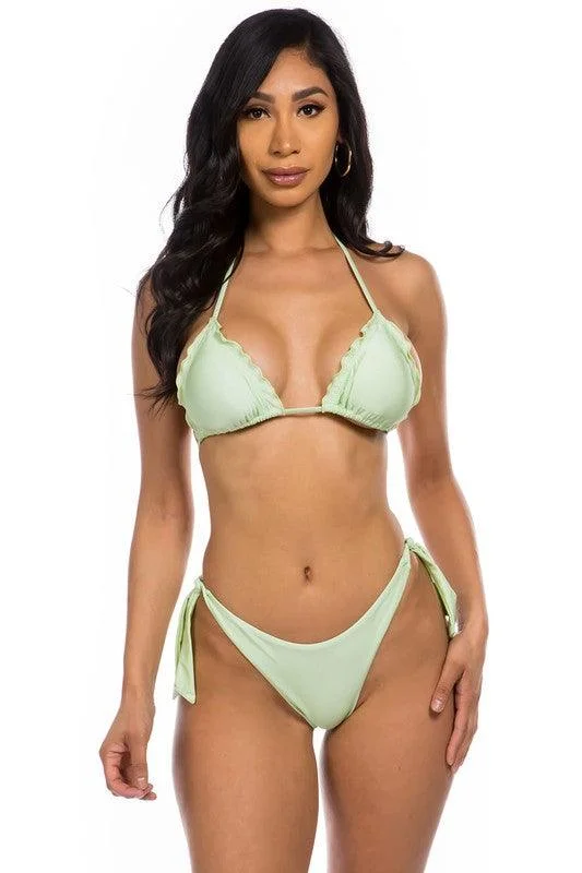 Swimwear - Two-Piece Bikini Halter Top Floral Print Swimsuit