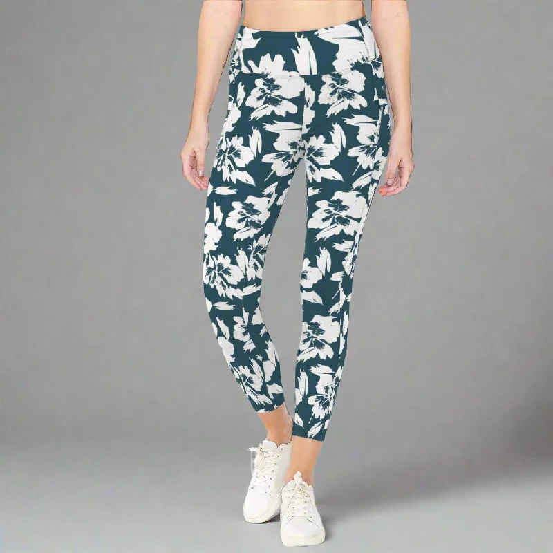 Blue Hawaiian Floral Swim Leggings w/Liner and Pockets Sleek Full Coverage