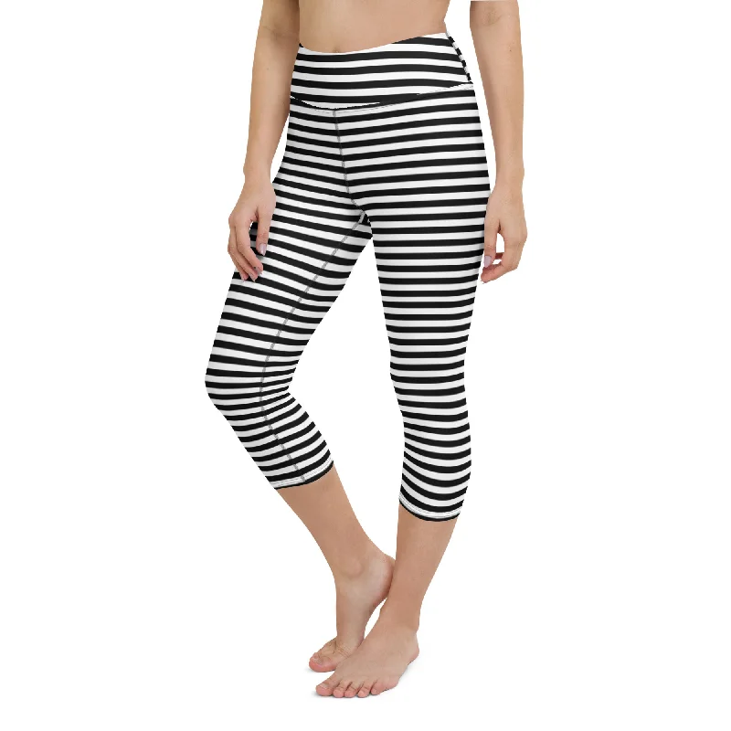 UPF Women's Black and White Stripe SURF SUP Paddle Capri Swim Leggings Sleek Mesh Bikini UPF Women's Black and White Stripe SURF SUP Paddle Capri Swim Leggings Sleek Mesh Bikini