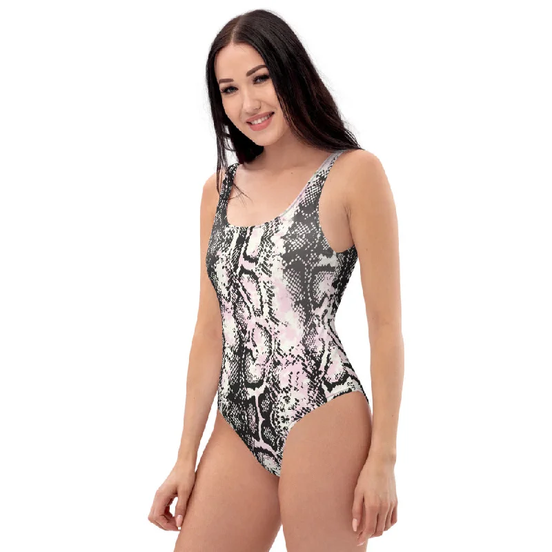 Snake Skin Print Ladies' Swimwear, Python Print Women's Best One-Piece Swimsuit-Made in USA/EU Casual Swim Dress Snake Skin Print Ladies' Swimwear, Python Print Women's Best One-Piece Swimsuit-Made in USA/EU Casual Swim Dress