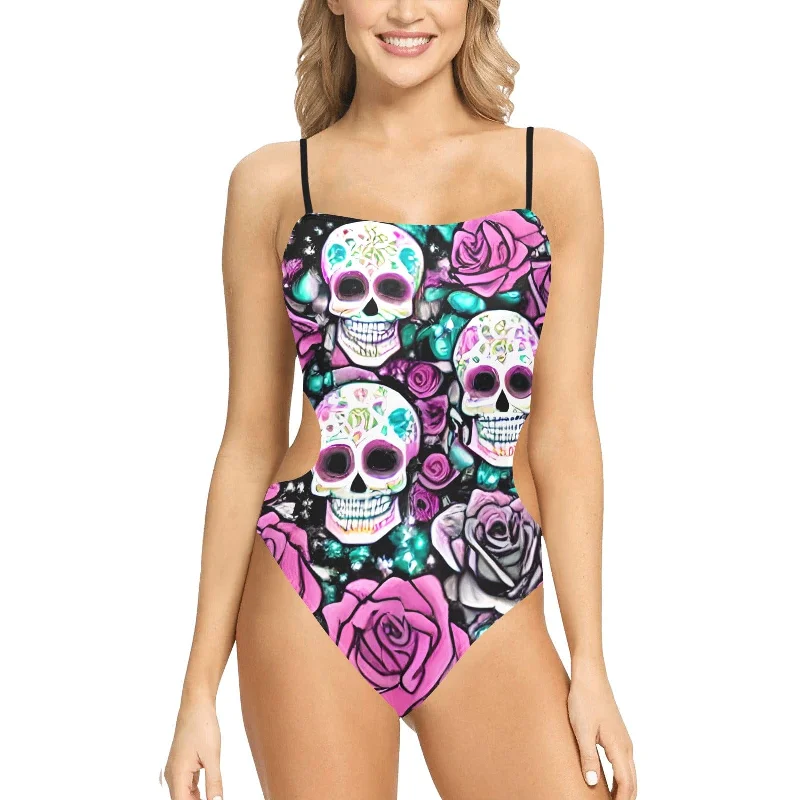 Women's Skulls Pink Floral One Piece Spaghetti Strap Cut Out Sides Swimsuit Tropical Print One-Piece Women's Skulls Pink Floral One Piece Spaghetti Strap Cut Out Sides Swimsuit Tropical Print One-Piece
