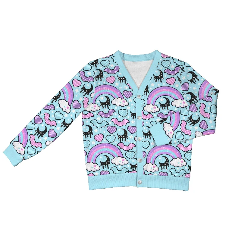 Rainbow Spooky Bats Women's Ribbed Button Up Cardigan (Blue) Embroidered Appliqued Beaded Rainbow Spooky Bats Women's Ribbed Button Up Cardigan (Blue) Embroidered Appliqued Beaded