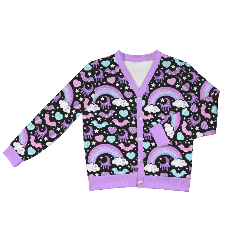 Rainbow Spooky Bats Women's Ribbed Button Up Cardigan (Black) Cashmere Blend Cotton Blend Poly Blend Rainbow Spooky Bats Women's Ribbed Button Up Cardigan (Black) Cashmere Blend Cotton Blend Poly Blend