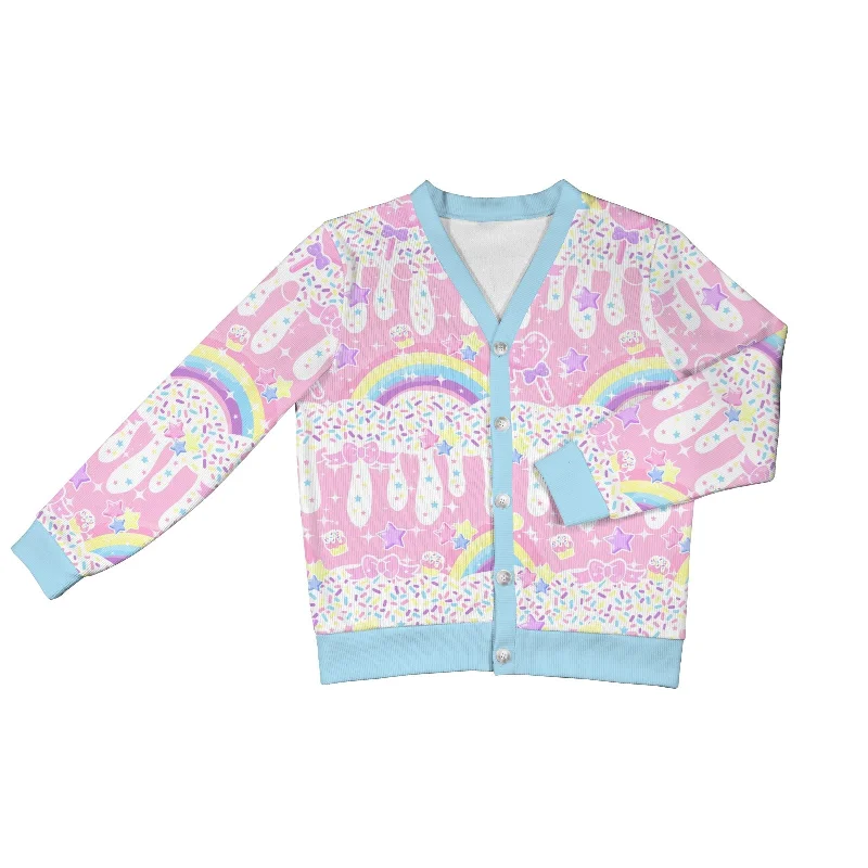Rainbow Sweets Pink Women's Ribbed Button Up Cardigan Spandex Blend Rayon Blend Denim Blend Rainbow Sweets Pink Women's Ribbed Button Up Cardigan Spandex Blend Rayon Blend Denim Blend