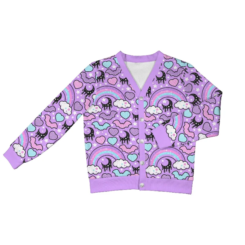 Rainbow Spooky Bats Women's Ribbed Button Up Cardigan (Purple) Satin Blend Silk Blend Wool Blend Rainbow Spooky Bats Women's Ribbed Button Up Cardigan (Purple) Satin Blend Silk Blend Wool Blend